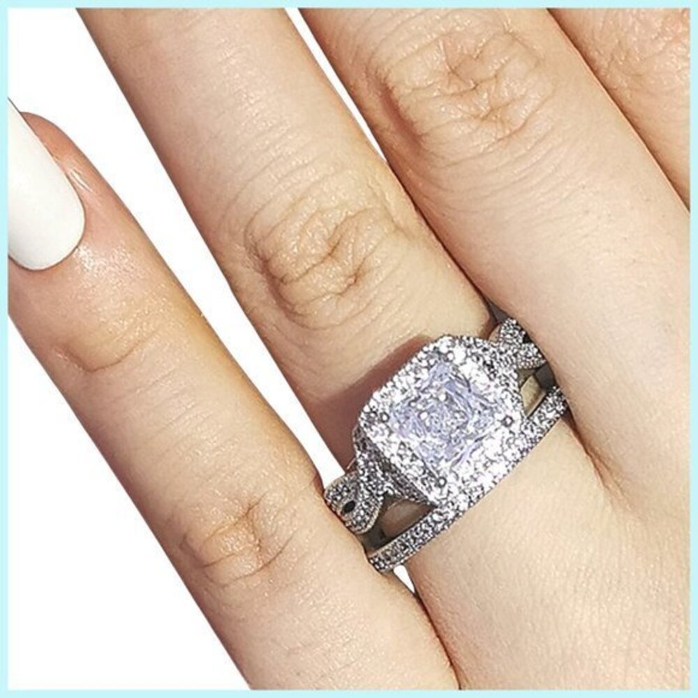 2 Piece Set Princess Cut Halo Engagement & Channel Pave' Wedding Ring